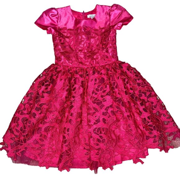 Halabaloo Red Laser Cut Lace Dress Girls 7 Satin Lace Short Sleeves Puff Skirt - Picture 1 of 9